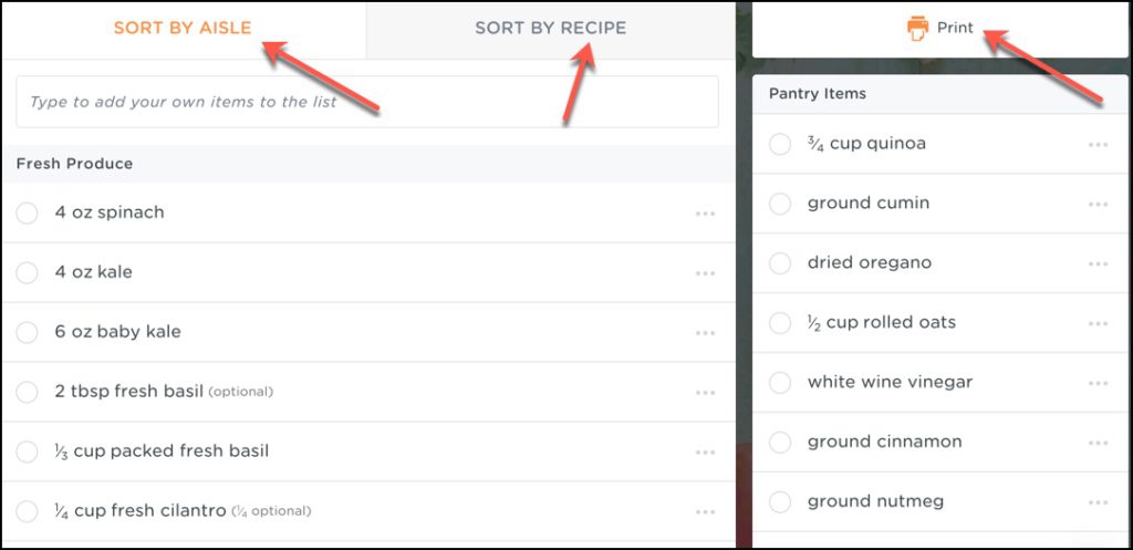 Grocery lists can be sorted by recipe or aisle.